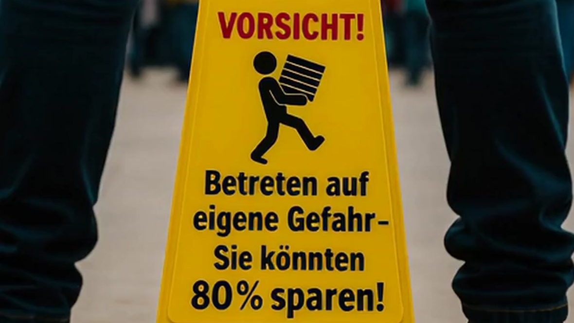 Aufsteller mit einem Fliesen-tragenden Männchen und der Aufschrift: "Betreten auf eigene Gefahr, Sie könnten bis zu 80% sparen."