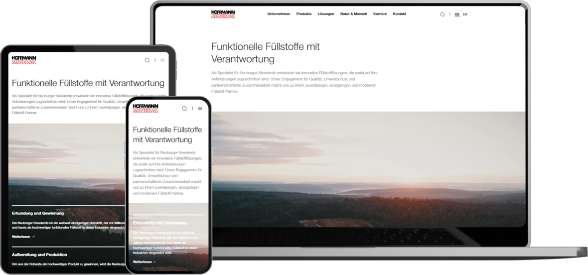 Neue responsive Website von Hoffmann Mineral auf Laptop, Tablet und Smartphone.